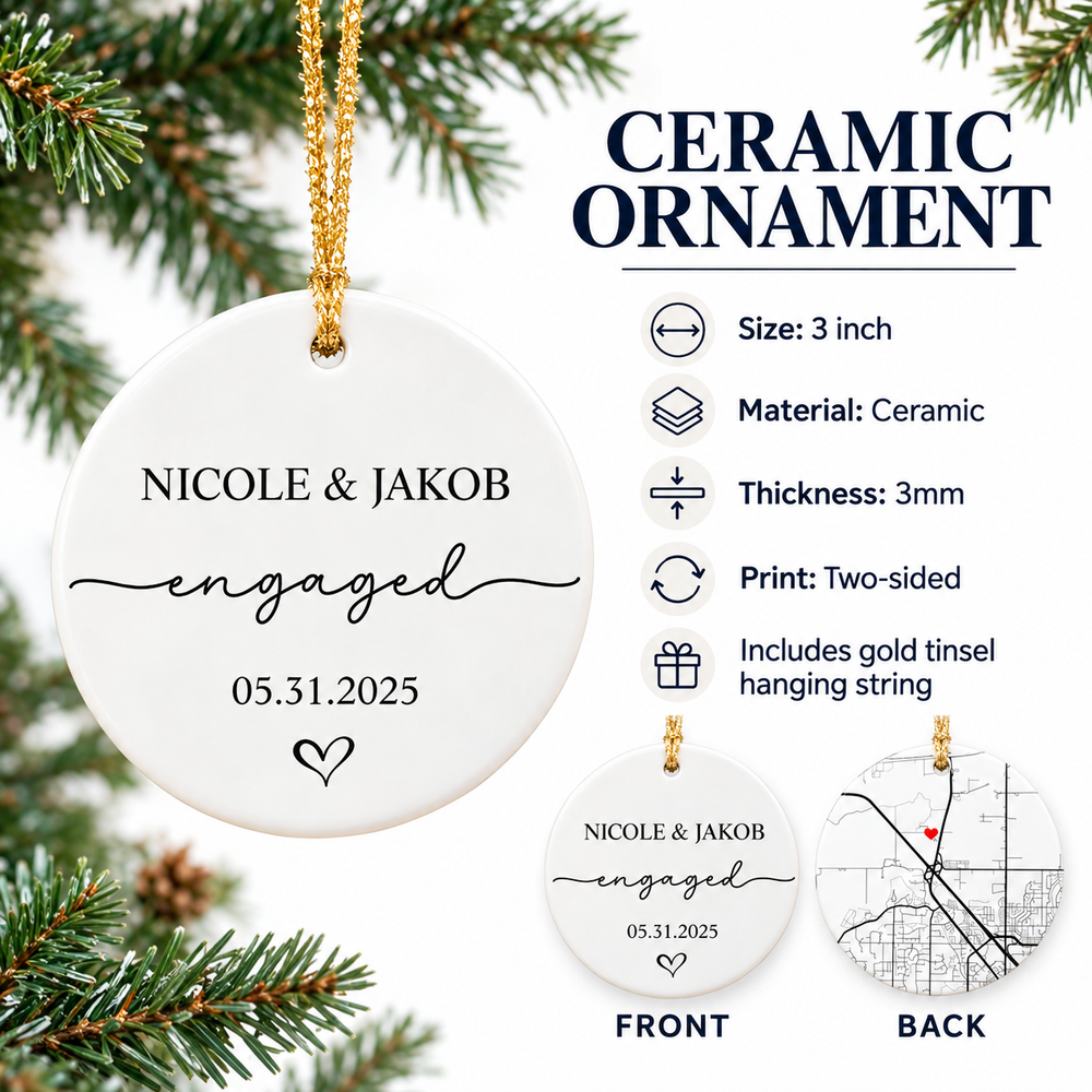 Infographic detailing 3-inch ceramic ornament specifications, two-sided print, and gold string on a pine background.