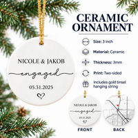 Infographic detailing 3-inch ceramic ornament specifications, two-sided print, and gold string on a pine background.