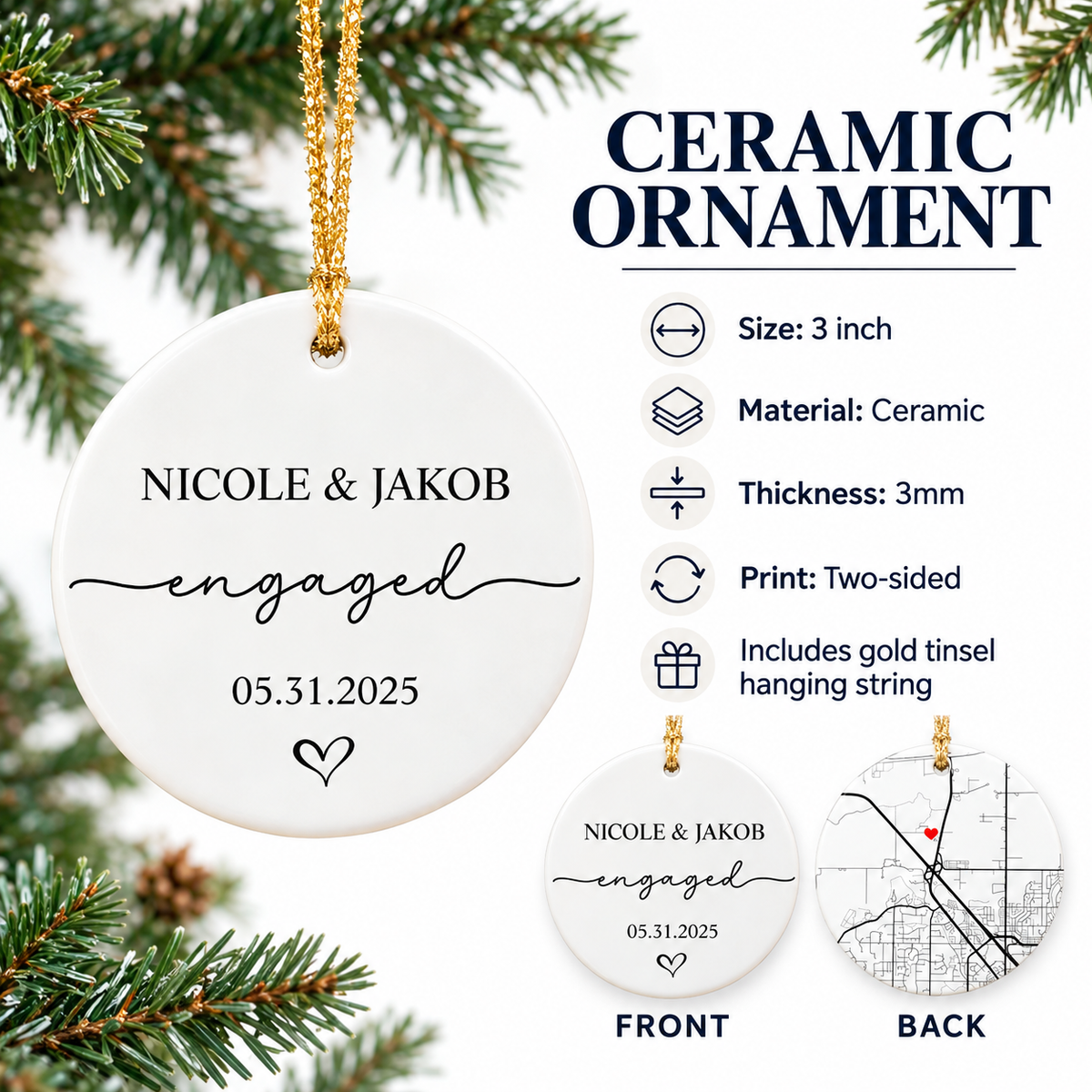 Infographic detailing 3-inch ceramic ornament specifications, two-sided print, and gold string on a pine background.
