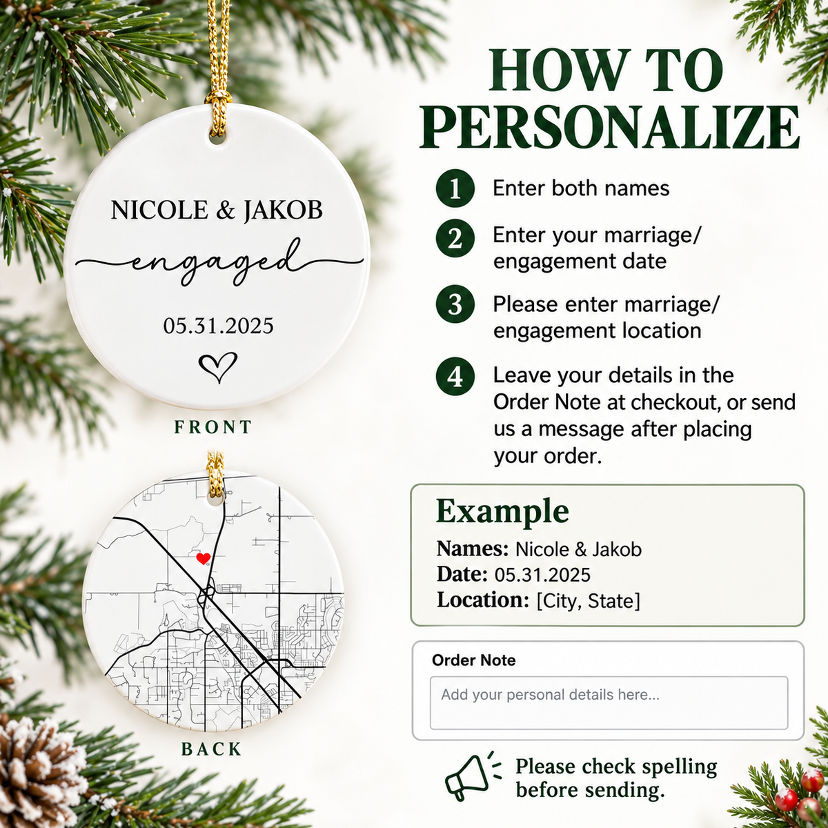 Instructional guide illustrating steps to personalize the custom map ornament with names, dates, and locations.