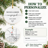 Instructional guide illustrating steps to personalize the custom map ornament with names, dates, and locations.