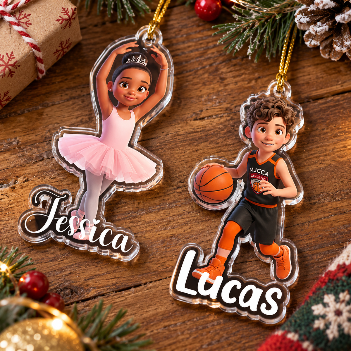 Customer in Austin, Texas wearing Custom Name Cartoon Sports Ornament Personalized Basketball Ballet Acrylic Christmas Gift for Kids