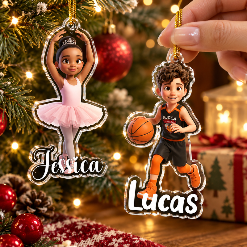 Custom Name Cartoon Sports Ornament Personalized Basketball Ballet Acrylic Christmas Gift for Kids available at our Austin, Texas warehouse