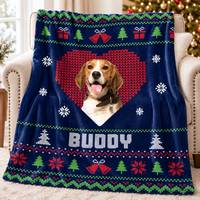 Folded navy blue holiday throw blanket with a beagle photo and custom name.