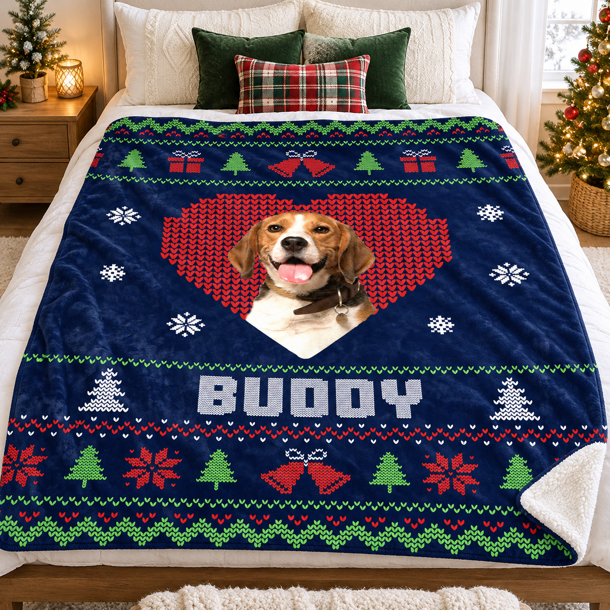 Flannel custom photo blanket displayed on a bed with holiday pillows and tree.