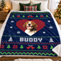 Flannel custom photo blanket displayed on a bed with holiday pillows and tree.
