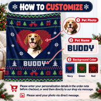 Instructional graphic showing how to customize the pet name and photo blanket.