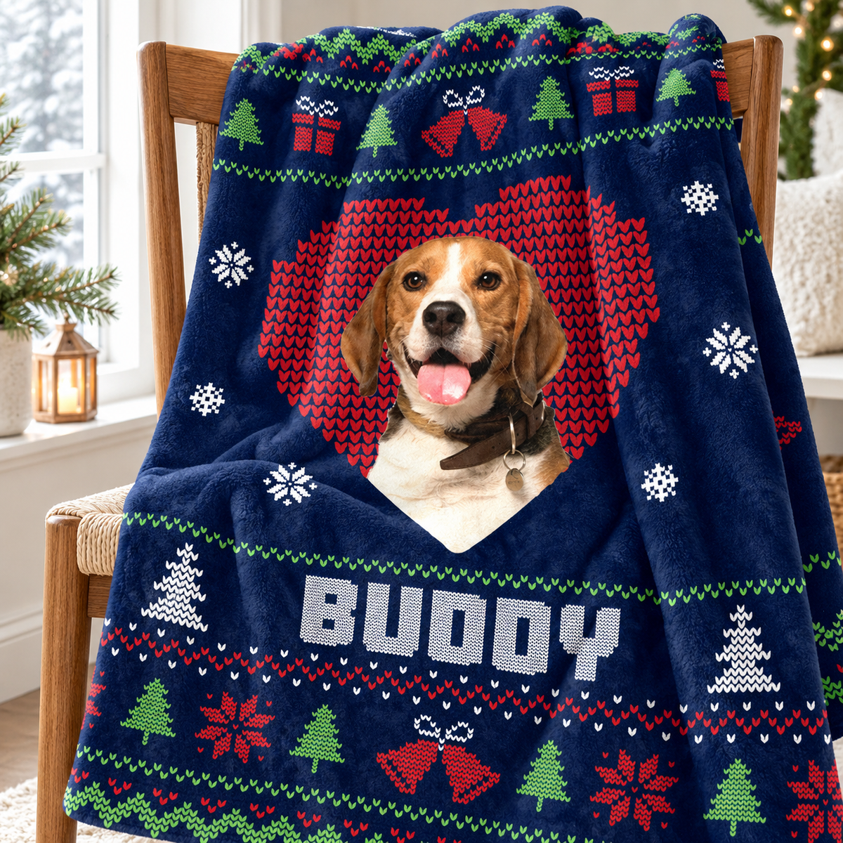 Navy blue custom pet photo Christmas blanket draped neatly on a wooden chair.