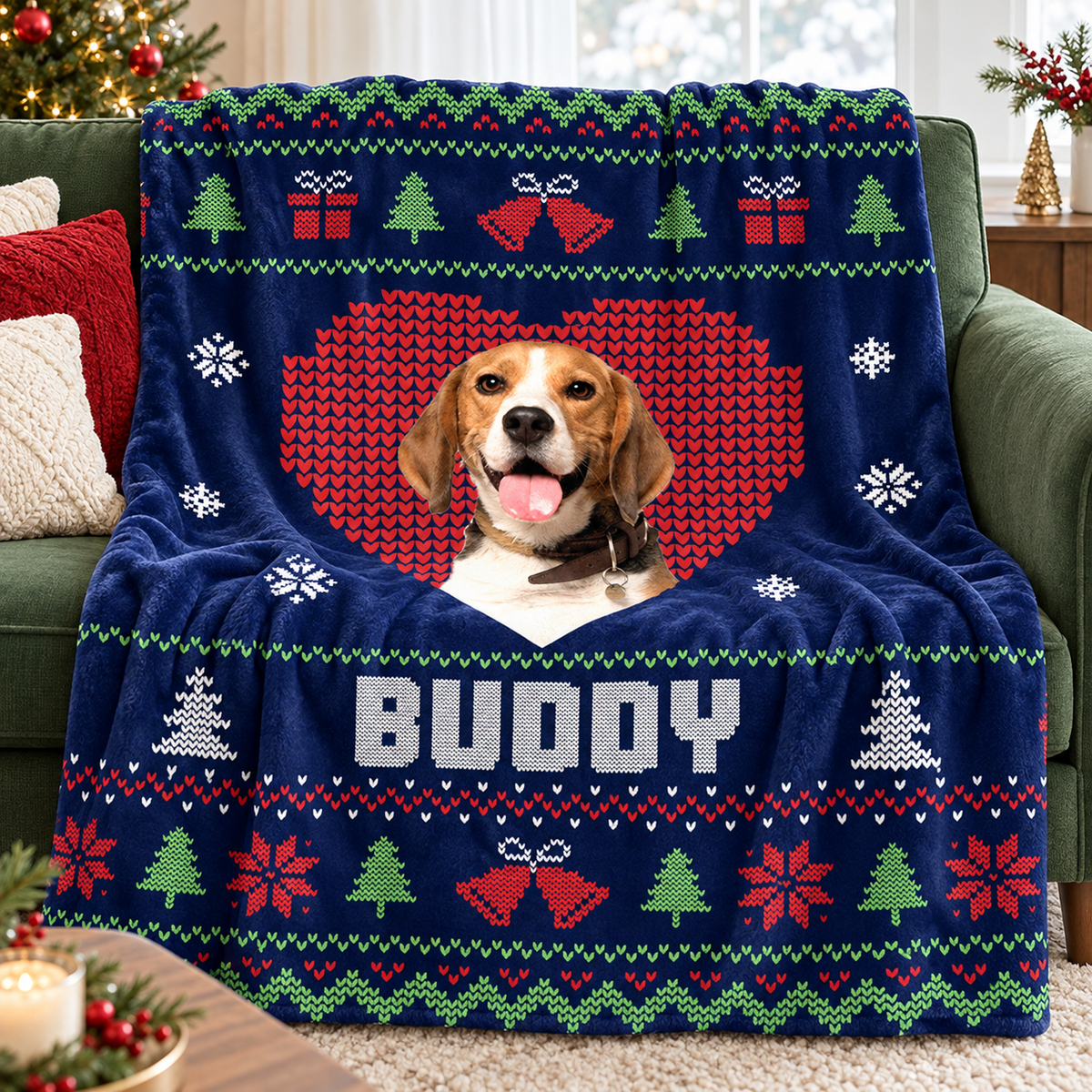 Custom pet photo Christmas blanket draped over a green sofa with holiday decor.