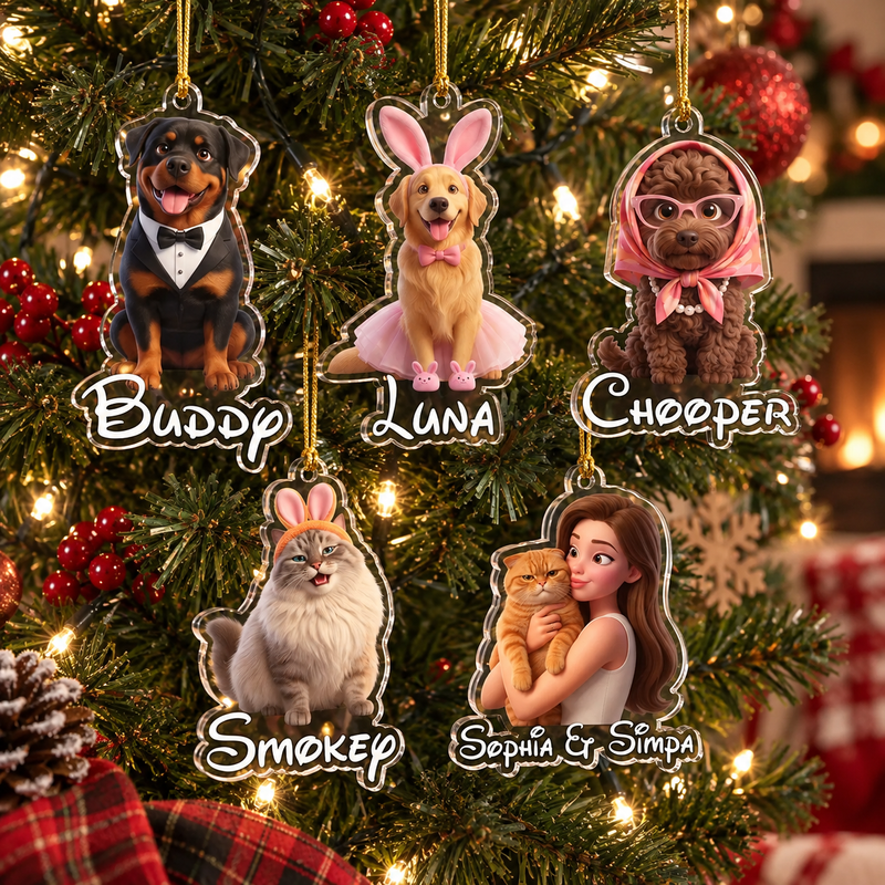 Custom Pet Portrait Acrylic Ornament Personalized Dog Cat Memorial Gift Christmas Tree Decor available at our Austin, Texas warehouse