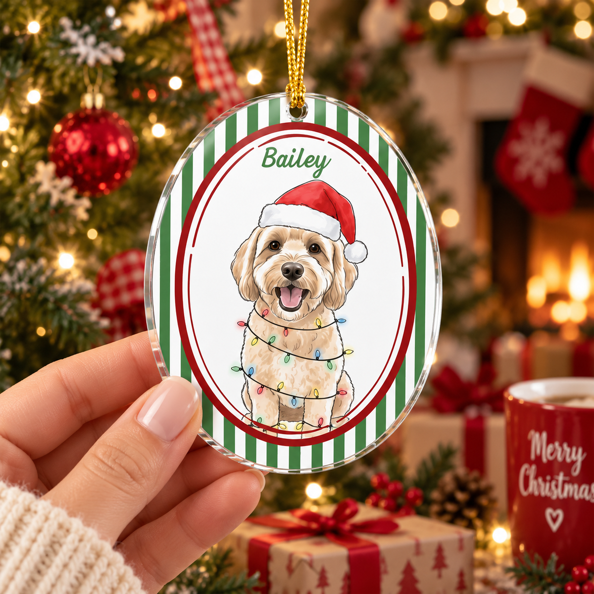 Customer in Austin, Texas wearing Custom Pet Portrait Christmas Ornament Personalized Watercolor Dog Cat Holiday Gift