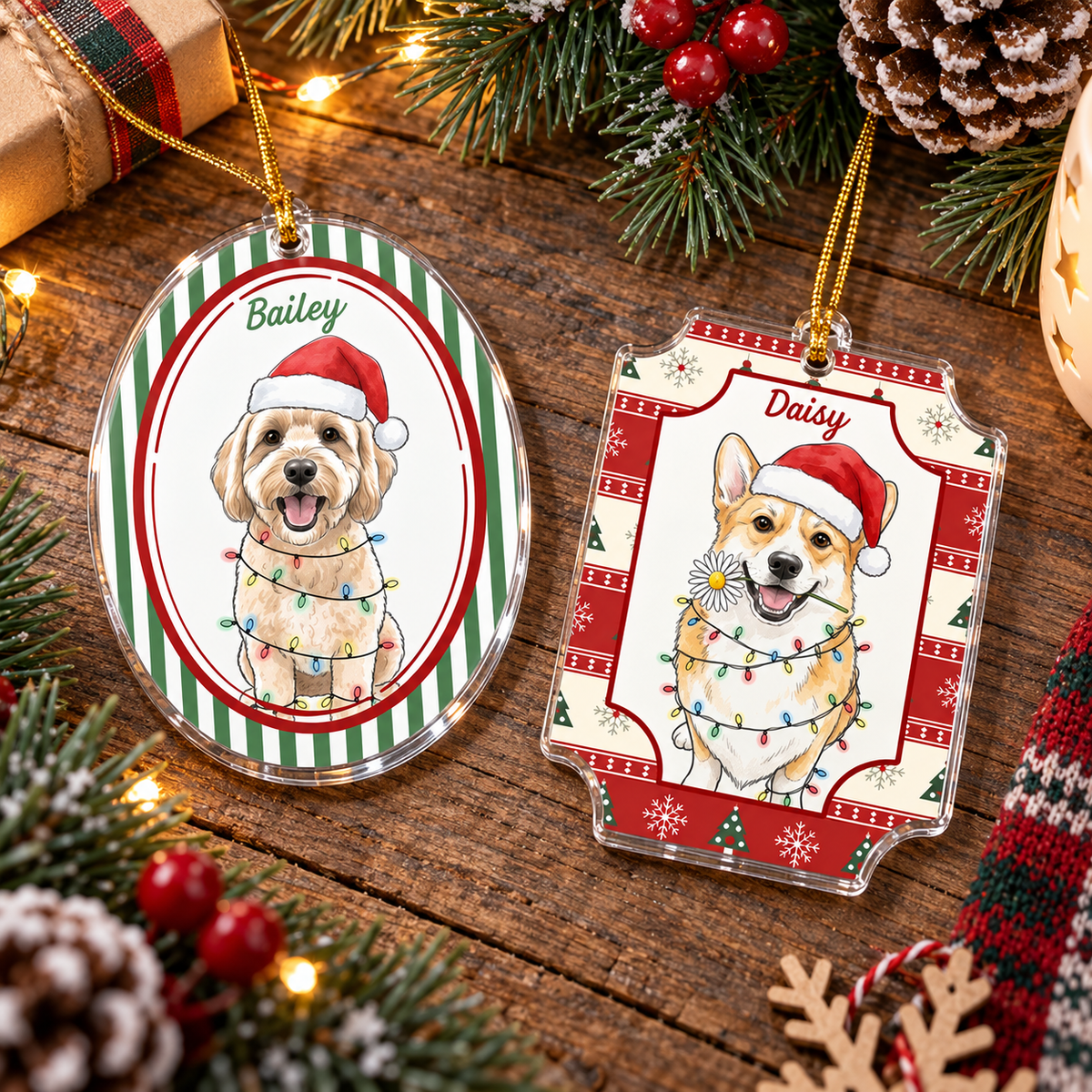 Close-up of Custom Pet Portrait Christmas Ornament Personalized Watercolor Dog Cat Holiday Gift for streetwear fans in Austin, Texas