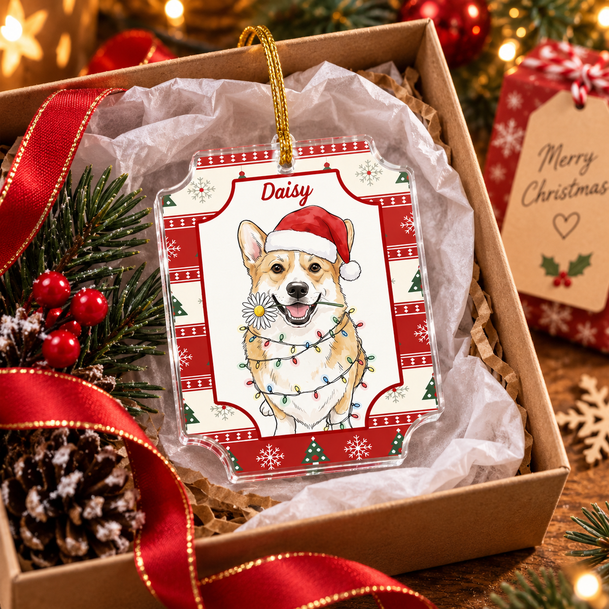 Customer in Austin, Texas wearing Custom Pet Portrait Christmas Ornament Personalized Watercolor Dog Cat Holiday Gift
