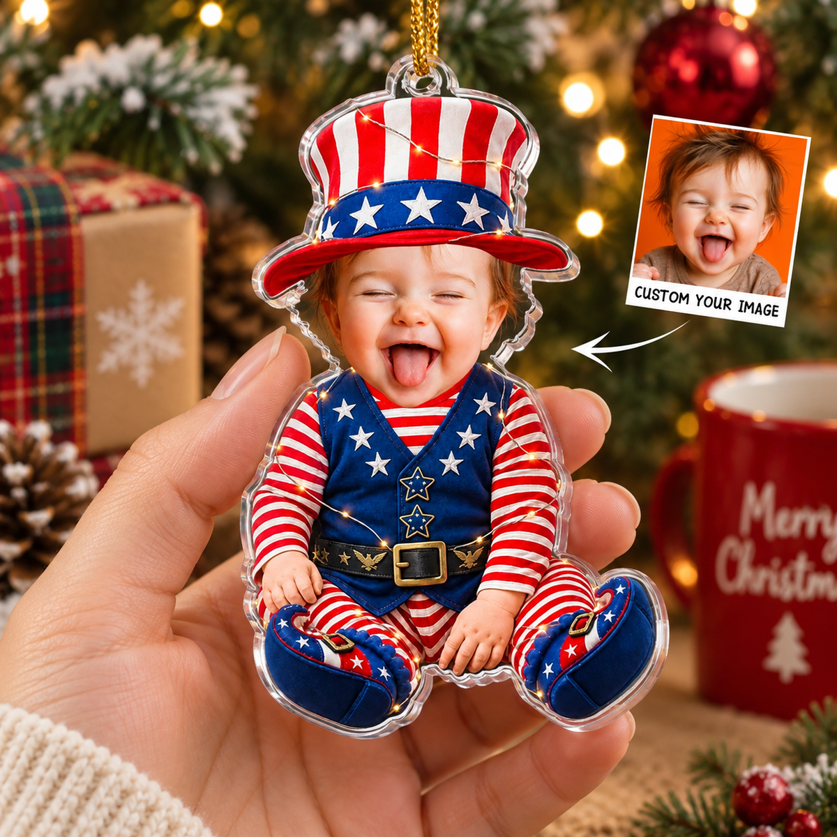 Custom Photo Baby Ornament Uncle Sam Christmas Keepsake Personalized Acrylic Holiday Gift on a hanger, ready to ship from Austin, Texas