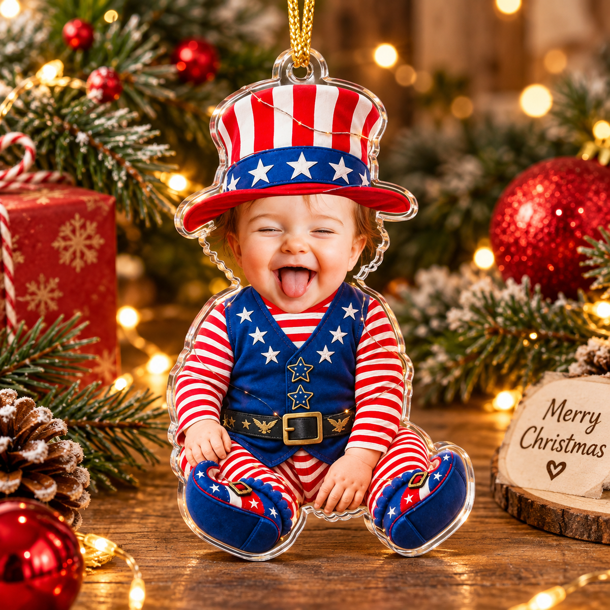 Customer in Austin, Texas wearing Custom Photo Baby Ornament Uncle Sam Christmas Keepsake Personalized Acrylic Holiday Gift