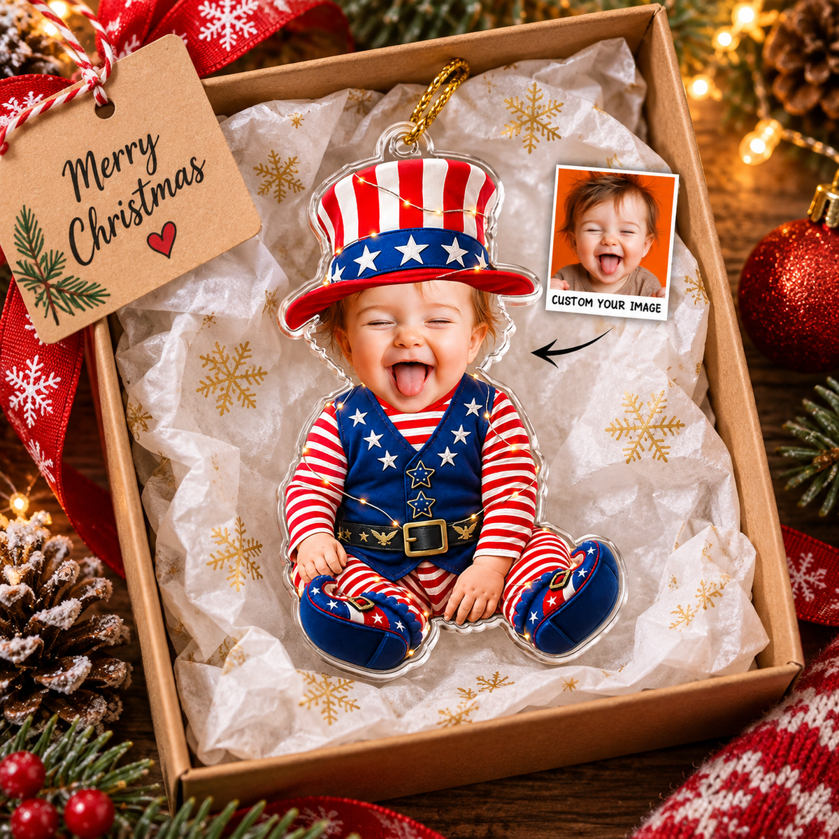 Customer in Austin, Texas wearing Custom Photo Baby Ornament Uncle Sam Christmas Keepsake Personalized Acrylic Holiday Gift