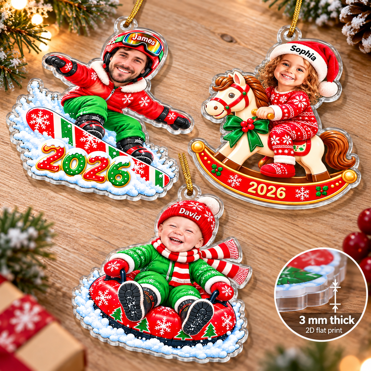 Custom Photo Christmas Ornament Personalized Face Name Winter Keepsake - material and flat print detail