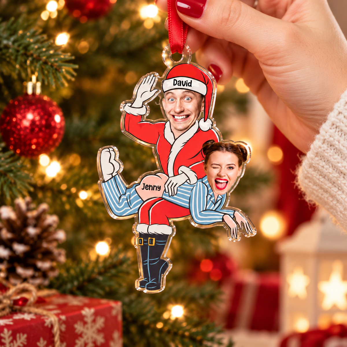 Custom Photo Face Couple Spanking Ornament Personalized Funny Christmas Gift for Couples on a hanger, ready to ship from Austin, Texas