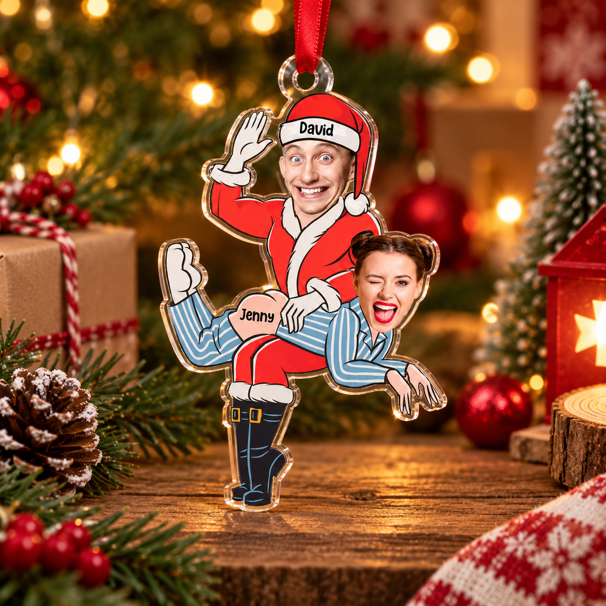 Customer in Austin, Texas wearing Custom Photo Face Couple Spanking Ornament Personalized Funny Christmas Gift for Couples