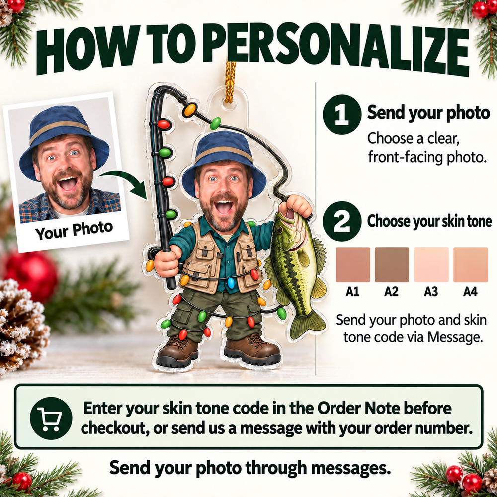 Instructional graphic showing how to order the personalized bass fishing gift.