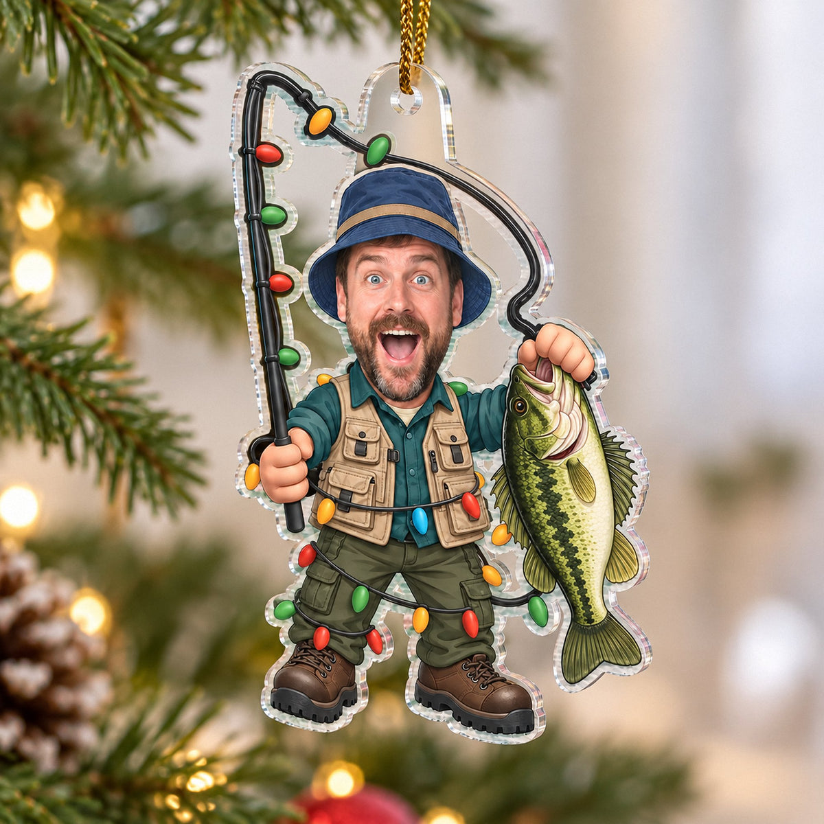 Clear acrylic fishing ornament hanging on a glowing Christmas tree branch.