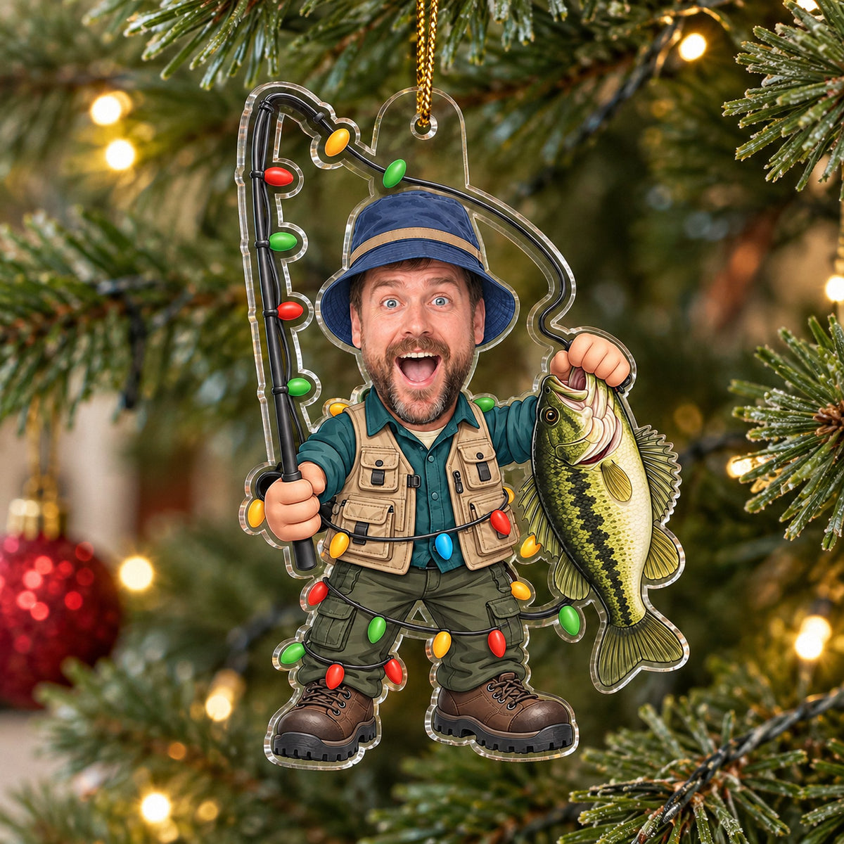 Close up of the funny angler decoration hanging on an illuminated pine tree.