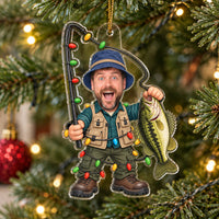 Close up of the funny angler decoration hanging on an illuminated pine tree.