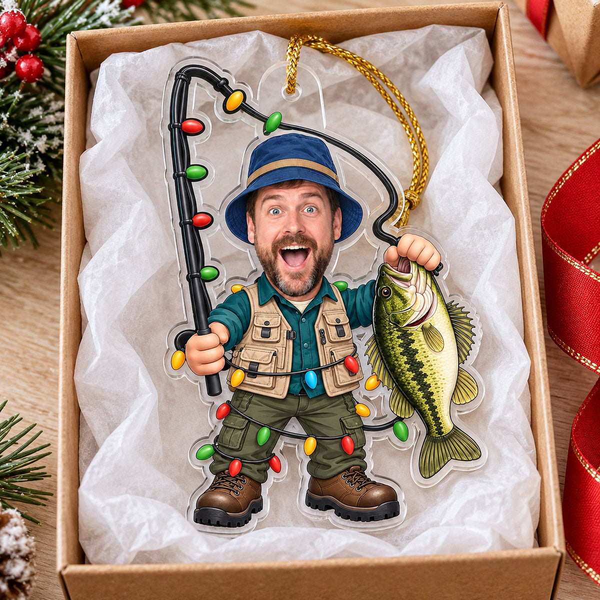 Single custom photo fisherman ornament resting in a white gift box with tissue paper.