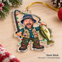 Custom photo fisherman ornament highlighting 3mm thickness and flat 2D acrylic material.