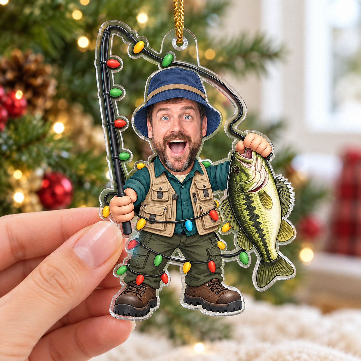 Hand holding the clear acrylic bass fishing gift in front of a softly lit Christmas tree.