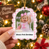 Custom Photo Milestone Ornament Personalized Christmas Keepsake with Name and Date for Family on a hanger, ready to ship from Austin, Texas