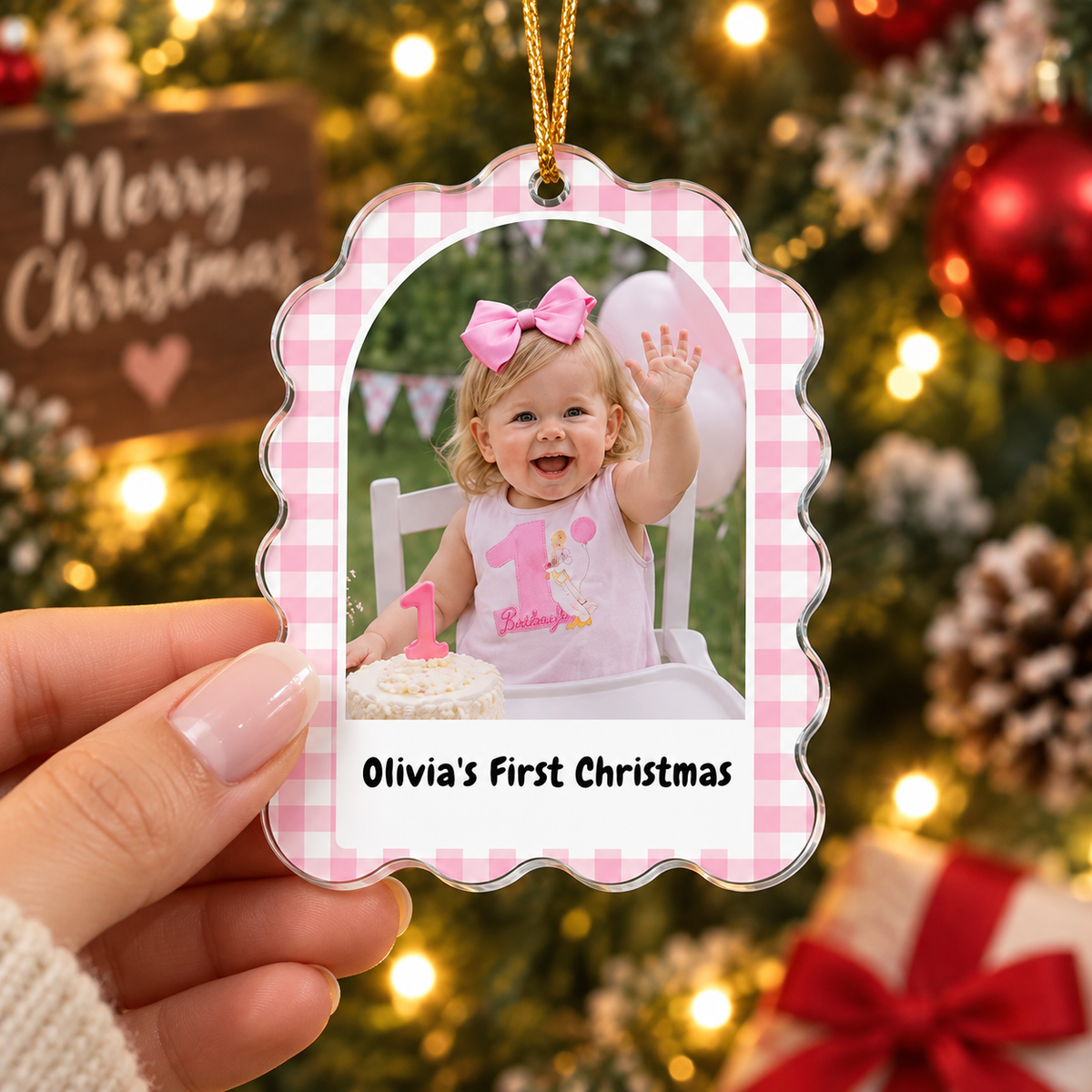 Custom Photo Milestone Ornament Personalized Christmas Keepsake with Name and Date for Family on a hanger, ready to ship from Austin, Texas