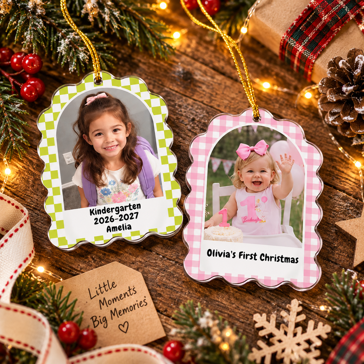 Customer in Austin, Texas wearing Custom Photo Milestone Ornament Personalized Christmas Keepsake with Name and Date for Family