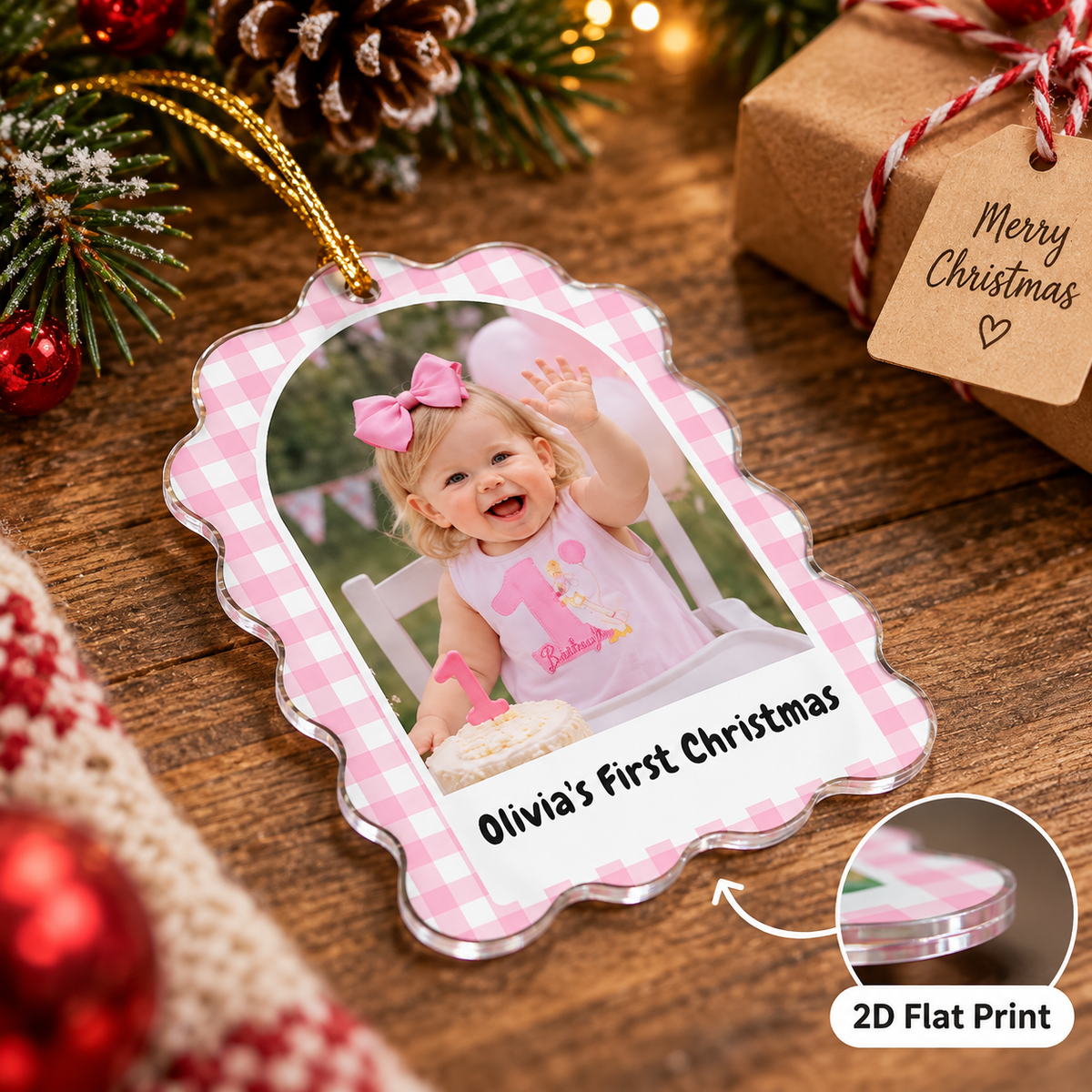 Customer in Austin, Texas wearing Custom Photo Milestone Ornament Personalized Christmas Keepsake with Name and Date for Family