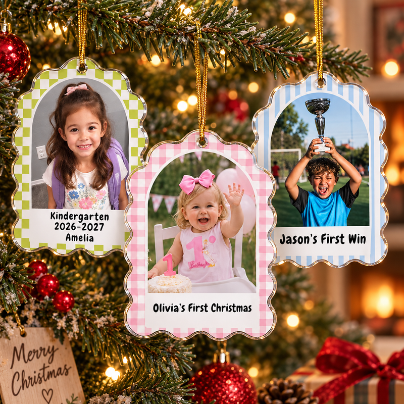Custom Photo Milestone Ornament Personalized Christmas Keepsake with Name and Date for Family available at our Austin, Texas warehouse