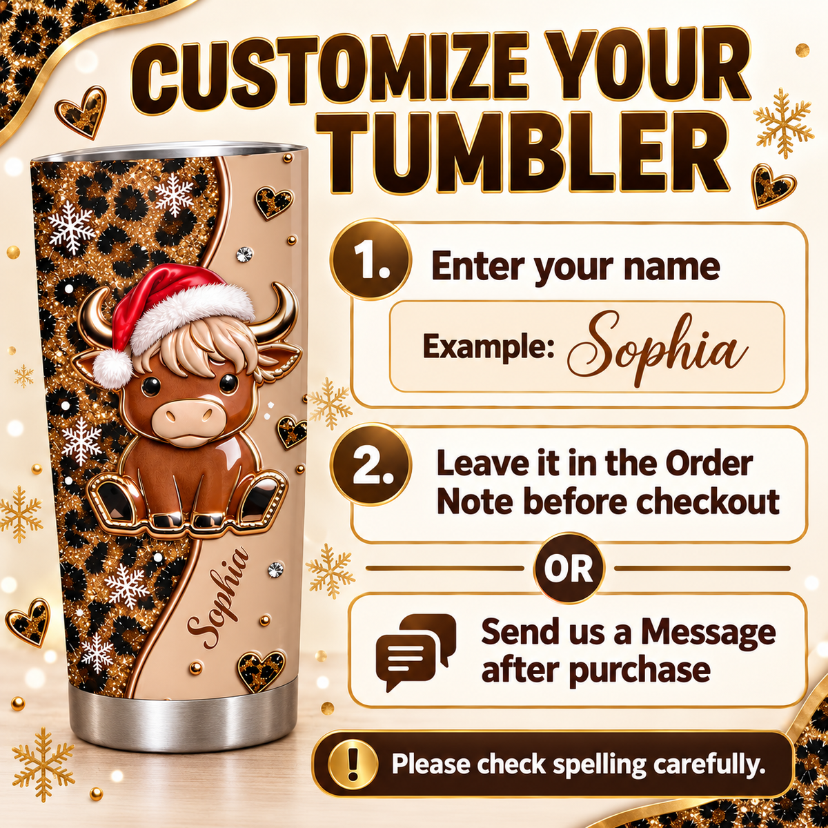 Customization guide showing steps to add name Sophia to Christmas highland cow leopard print tumbler with text instructions.