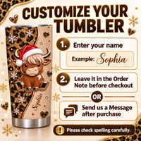 Customization guide showing steps to add name Sophia to Christmas highland cow leopard print tumbler with text instructions.