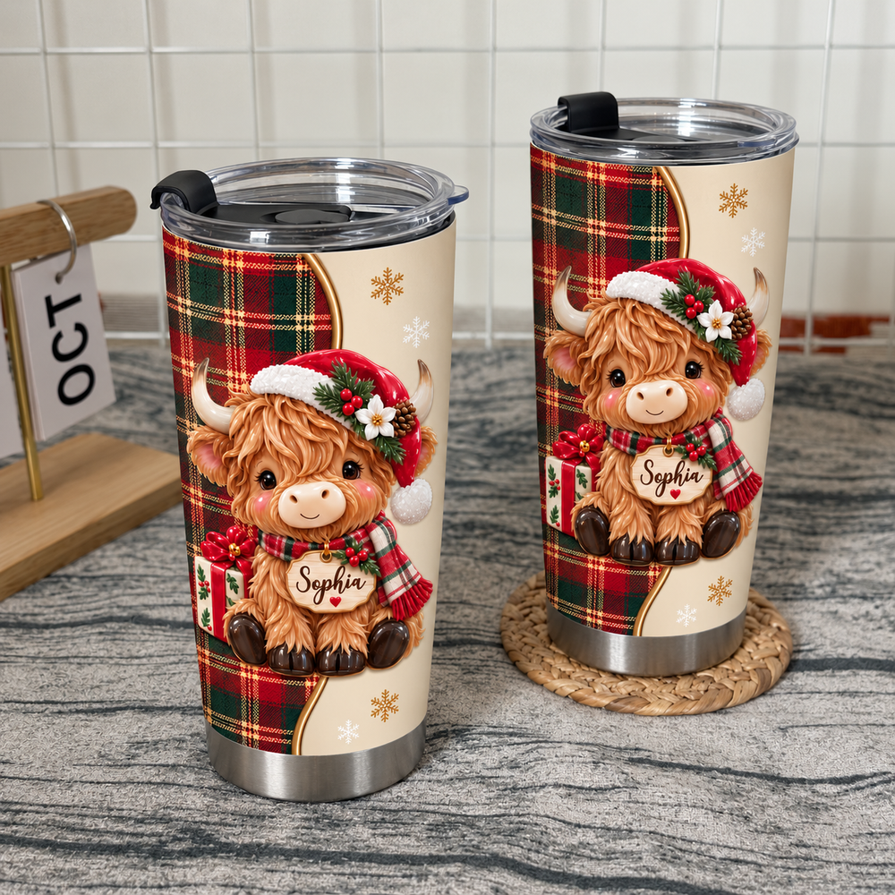 Two Christmas Highland cow tumblers standing on a grey textured surface next to a wooden block calendar showing October.