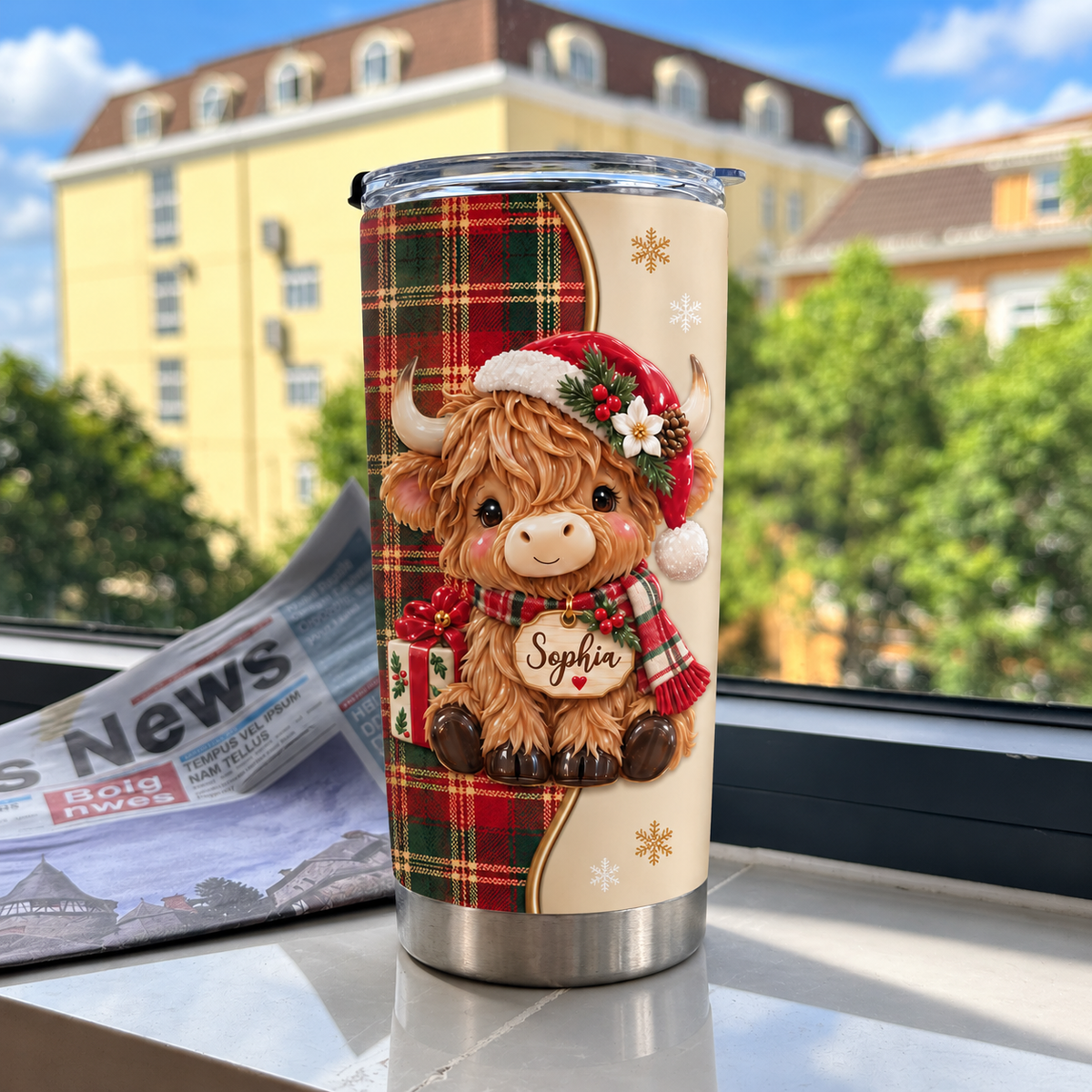 A stainless steel Christmas Highland cow tumbler sitting on a ledge outdoors with a folded newspaper and blurred yellow