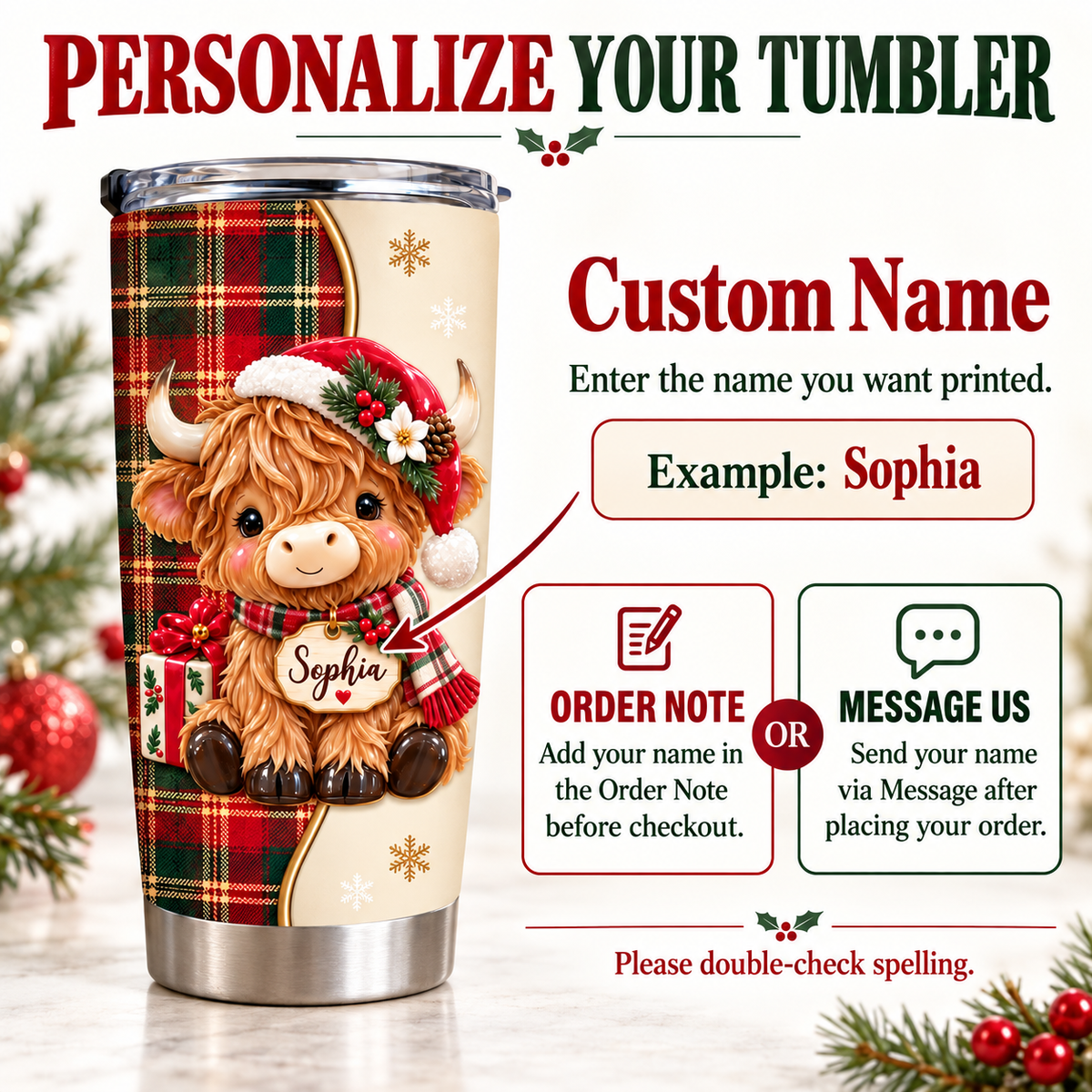 Infographic explaining how to personalize the Christmas Highland cow tumbler with a custom name entered at checkout.