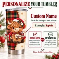 Infographic explaining how to personalize the Christmas Highland cow tumbler with a custom name entered at checkout.