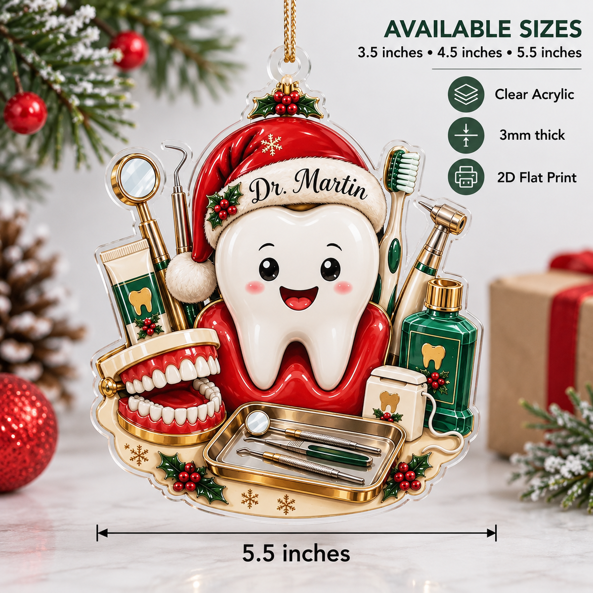 Graphic showing available sizes for custom dentist Christmas ornament with text and icons