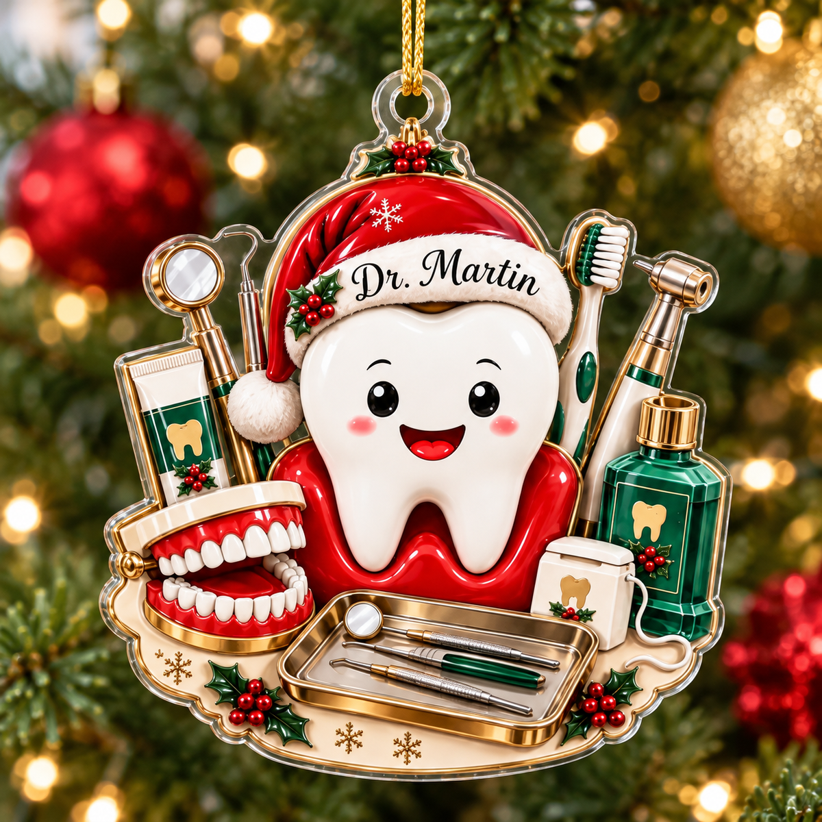 Cute tooth design dentist Christmas ornament hanging on pine tree branch with holiday lights