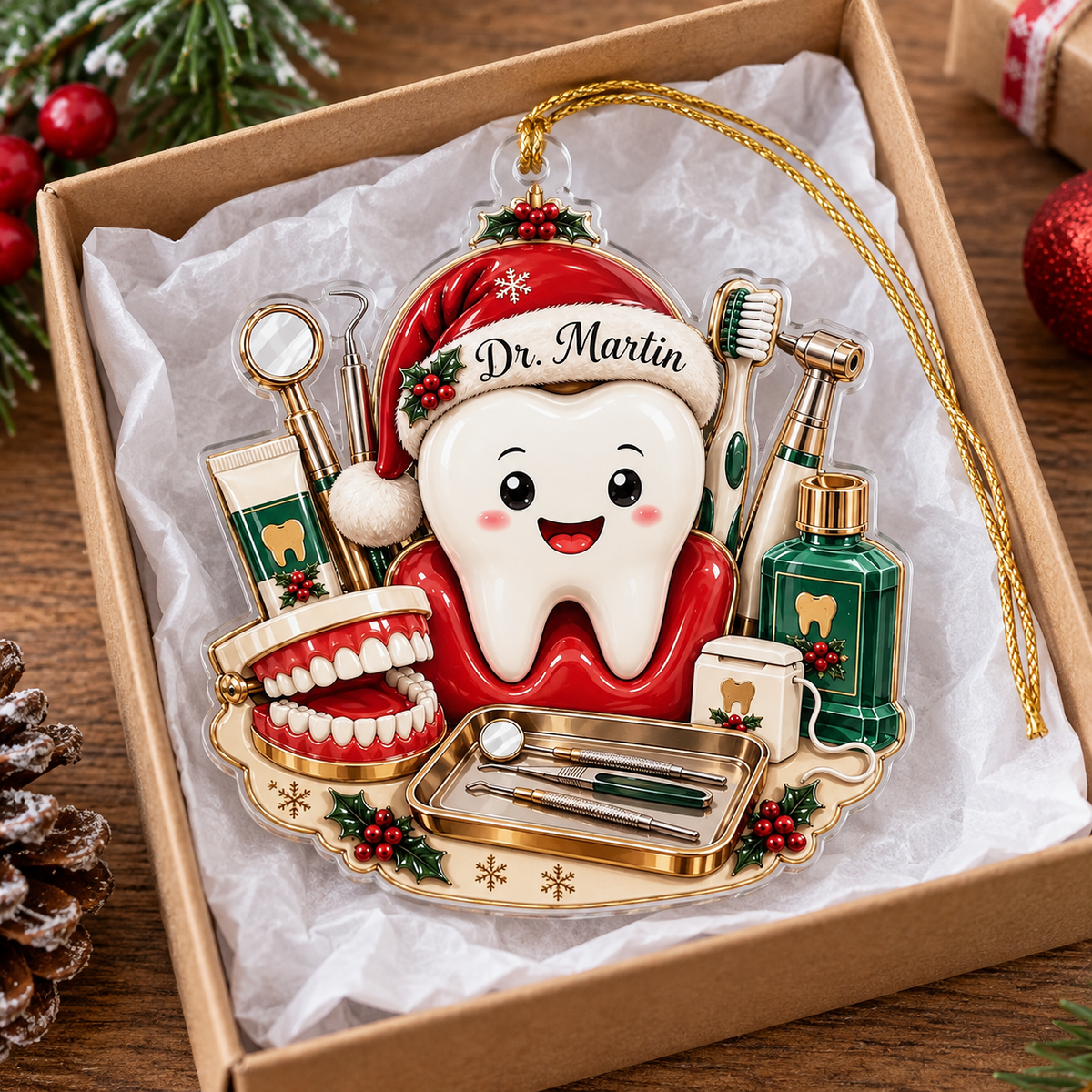 Personalized dentist Christmas ornament nestled inside open gift box with white tissue paper
