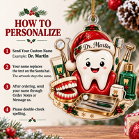 How to personalize infographic next to custom dentist Christmas ornament on wooden table