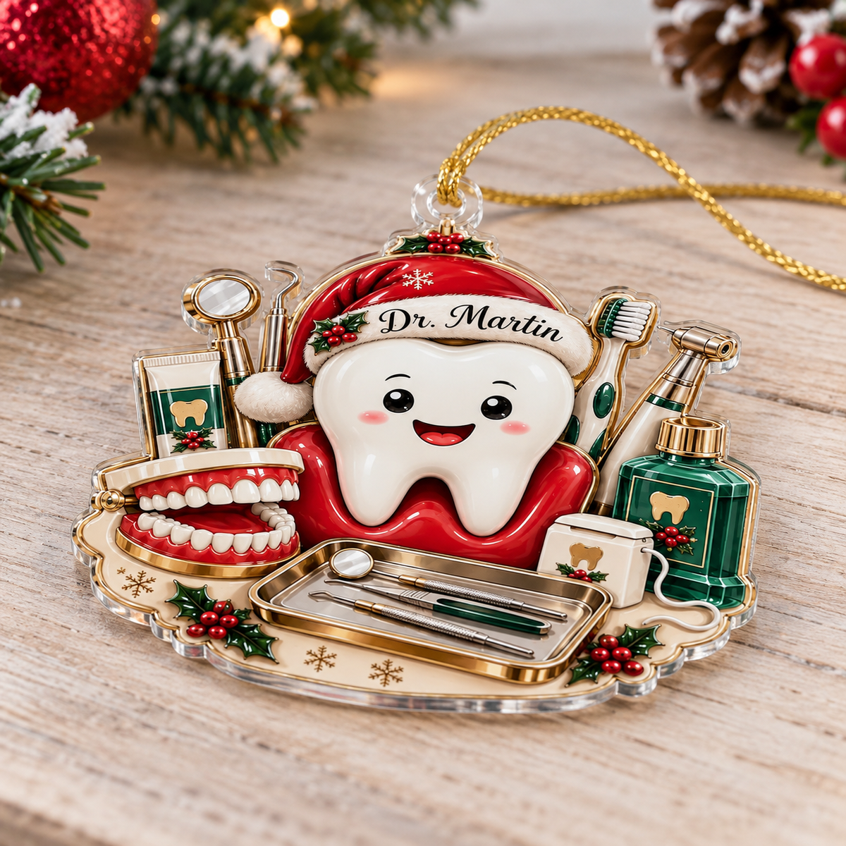 Personalized cute dentist Christmas ornament with custom name on Santa hat resting on wooden surface