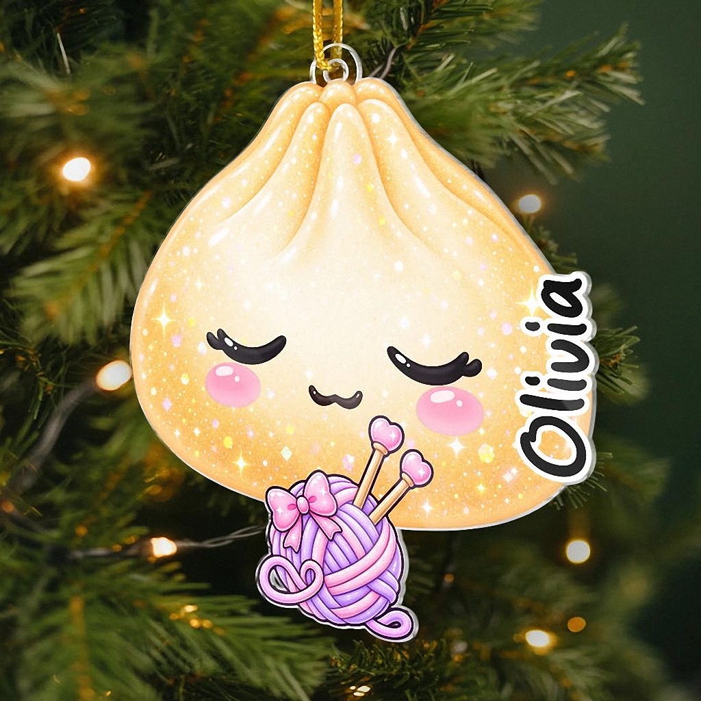 Cute Dumpling Character Christmas Ornament, Personalized Custom Name Kawaii Food Lover Gift, Festive on a hanger, ready to ship from Austin, Texas