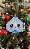 Customer in Austin, Texas wearing Cute Dumpling Character Christmas Ornament, Personalized Custom Name Kawaii Food Lover Gift, Festive