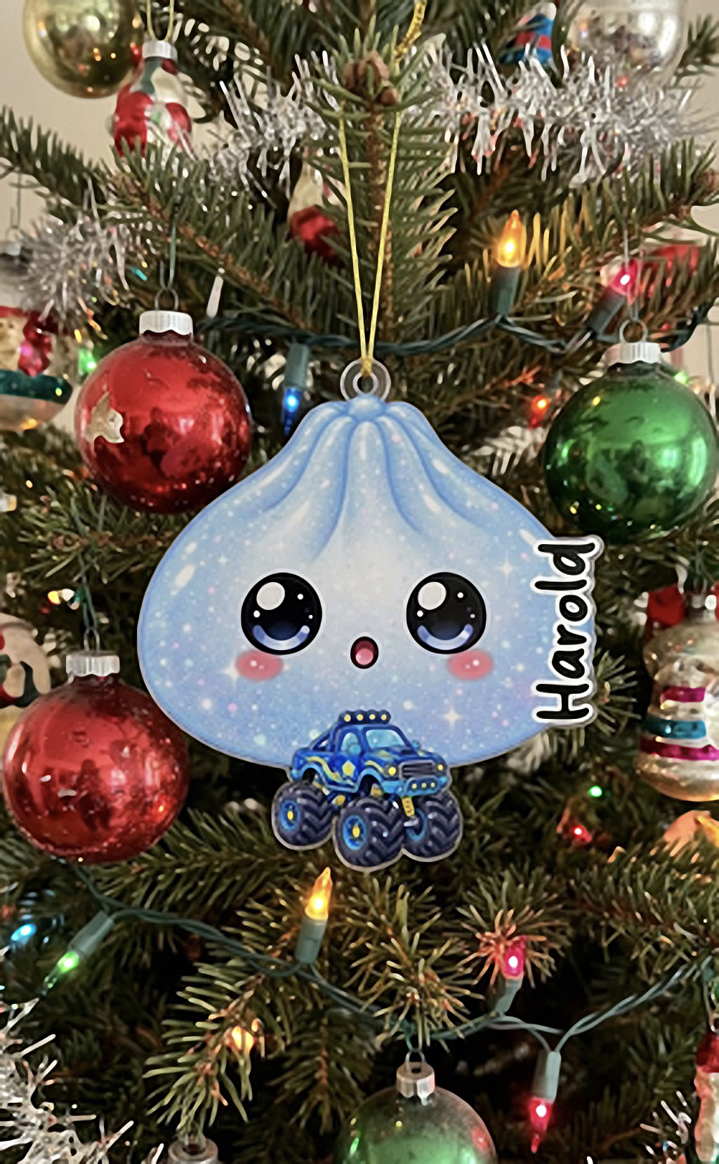 Customer in Austin, Texas wearing Cute Dumpling Character Christmas Ornament, Personalized Custom Name Kawaii Food Lover Gift, Festive