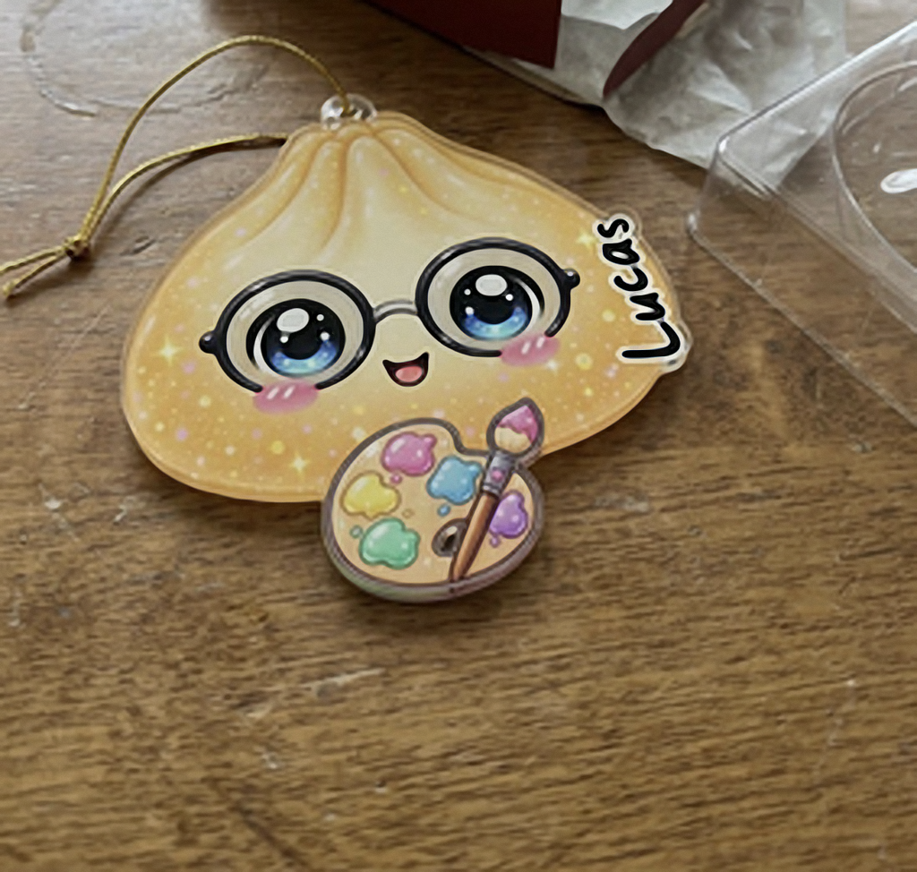 Close-up of Cute Dumpling Character Christmas Ornament, Personalized Custom Name Kawaii Food Lover Gift, Festive for streetwear fans in Austin, Texas